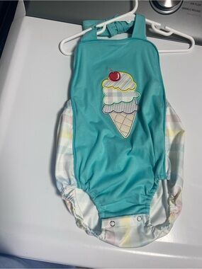 Turquoise Baby One-Piece Swimsuit with Ice Cream Patch
